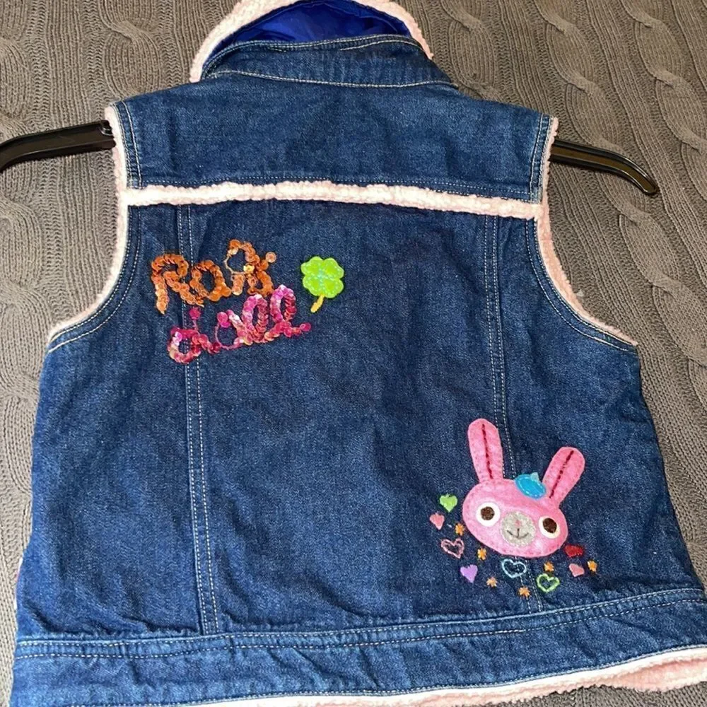 Vintage Mini K Girls Sherpa snap button Patchwork  Embroidered denim vest Size 7